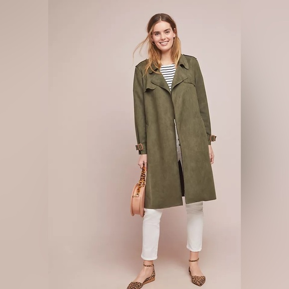 Anthropologie Harley Faux Suede Trench Coat – Olive Green – Size XS - Picture 2 of 9